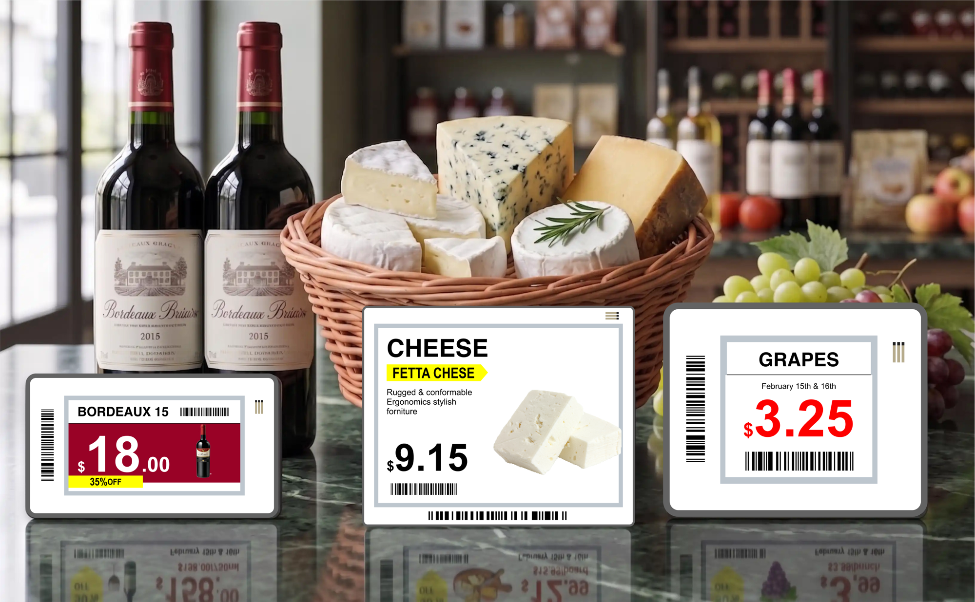 Ejemplos de etiquetas ESL de iOTEK en vinos, quesos y frutas con precios y promociones