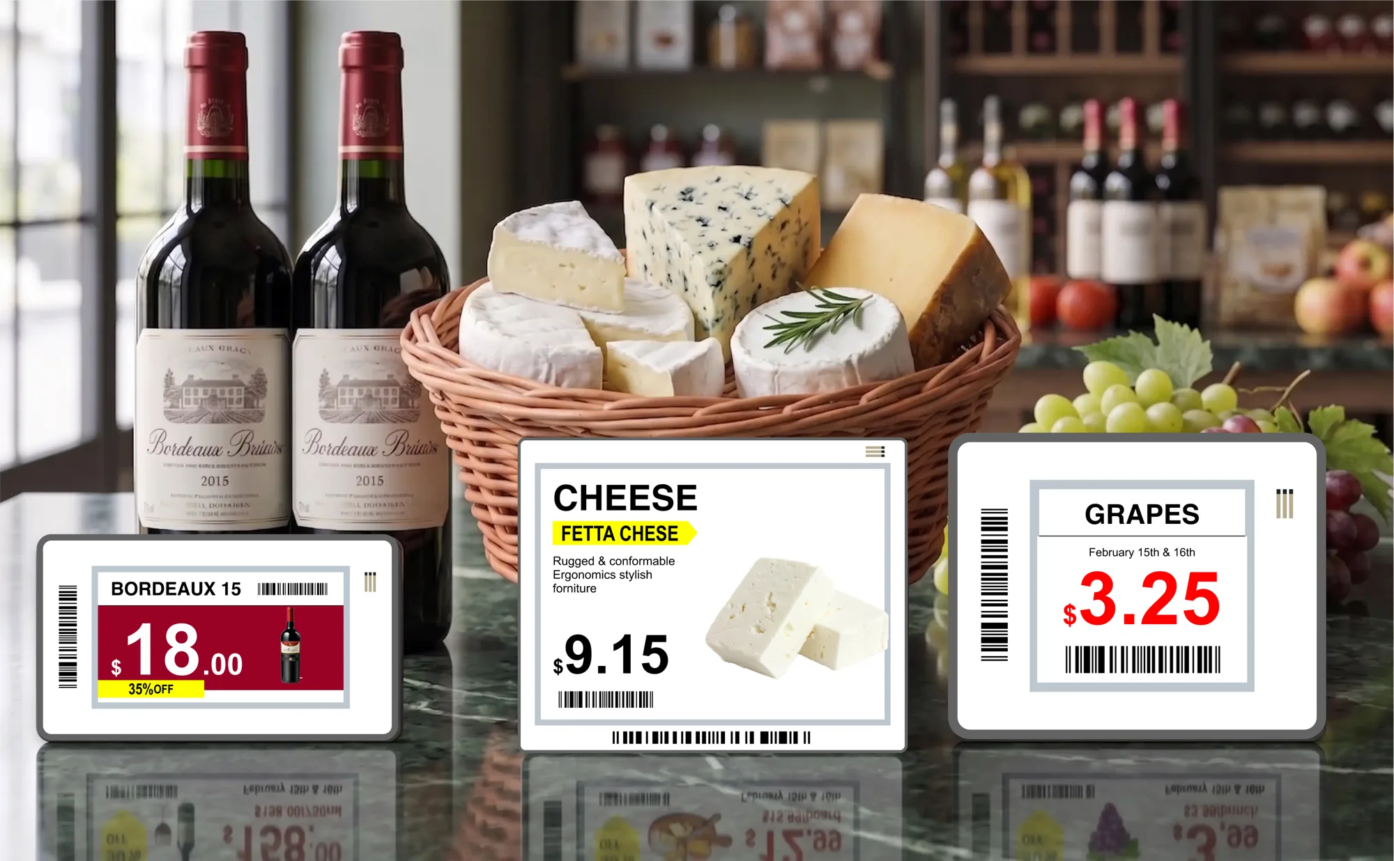 Examples of iOTEK ESL labels on wine, cheese, and fruit with prices and promotions