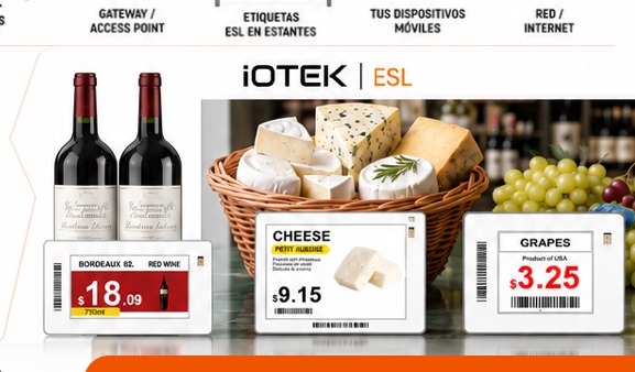 Ejemplos de etiquetas ESL de iOTEK en vinos, quesos y frutas con precios y promociones